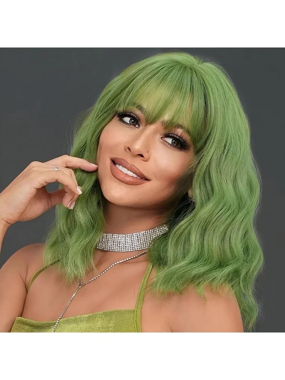 Women's Matcha Green 14 Inch Heat Resistant Short Wavy Hair Pastel Bob Wig Bangs